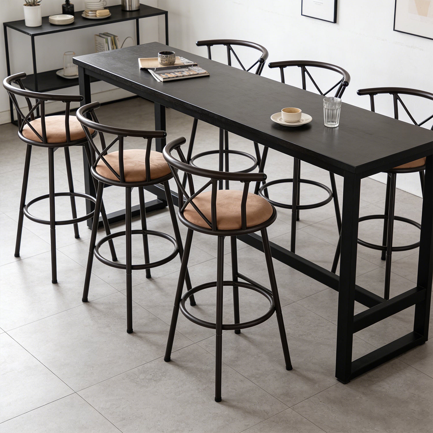 Set von 6 schwenkbaren Industriestangenhockern mit brauner Stoffrückländer - Hailey 29
