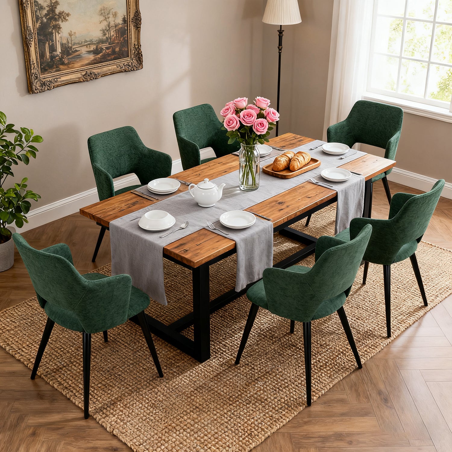 Set von 6 skandinavischen Esszimmern mit grünen Stoff Armlehnen - Akanji