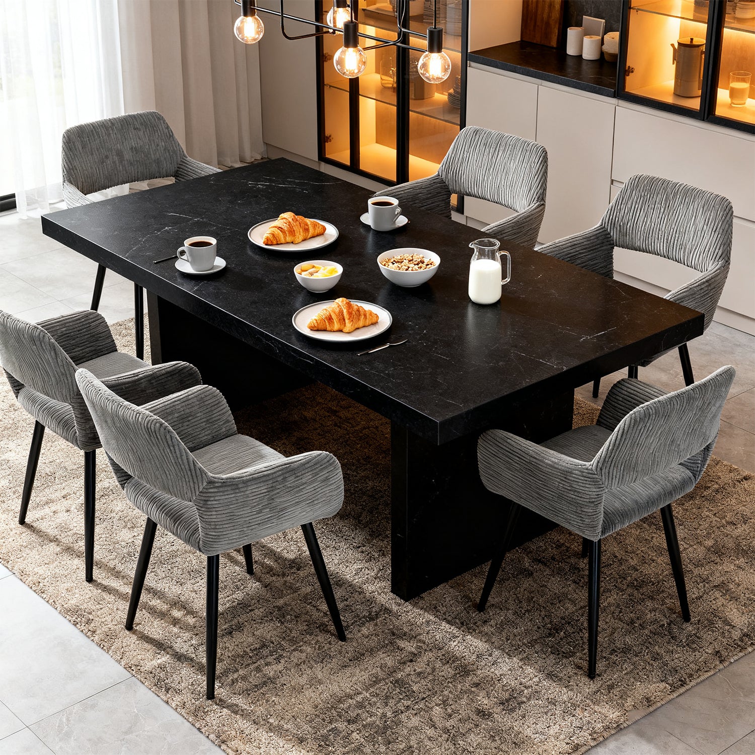 Lot de 6 fauteuils de salle à manger scandinaves avec accoudoirs en velours côtelé gris - CROMWELL CORDUROY