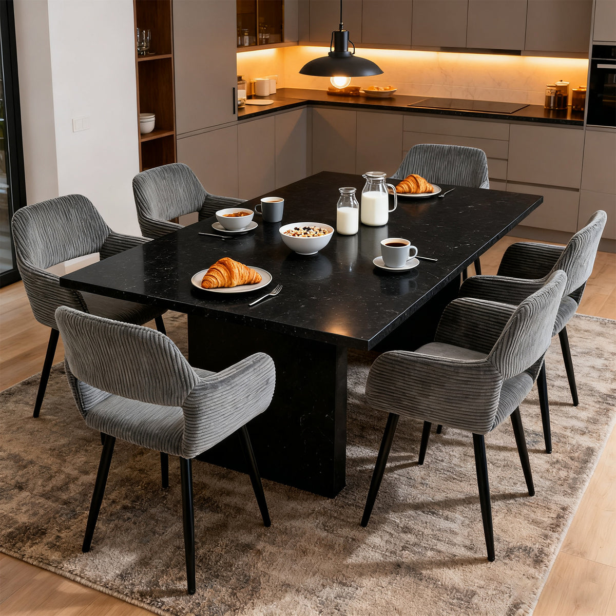 Lot de 6 fauteuils de salle à manger scandinaves avec accoudoirs en velours côtelé gris - CROMWELL CORDUROY