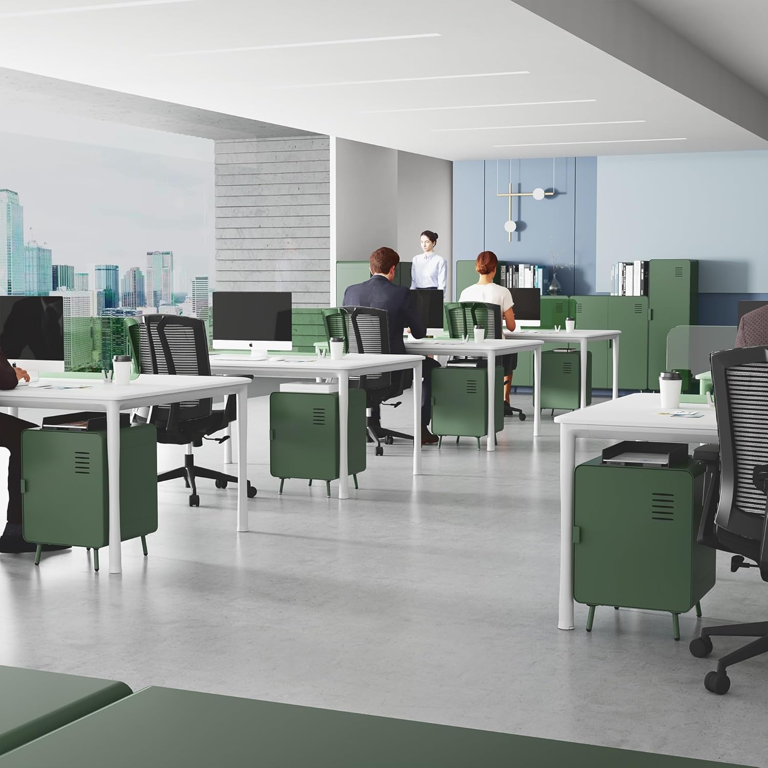 Table de chevet en métal vert style industriel avec rangement et étagère - WALNUT