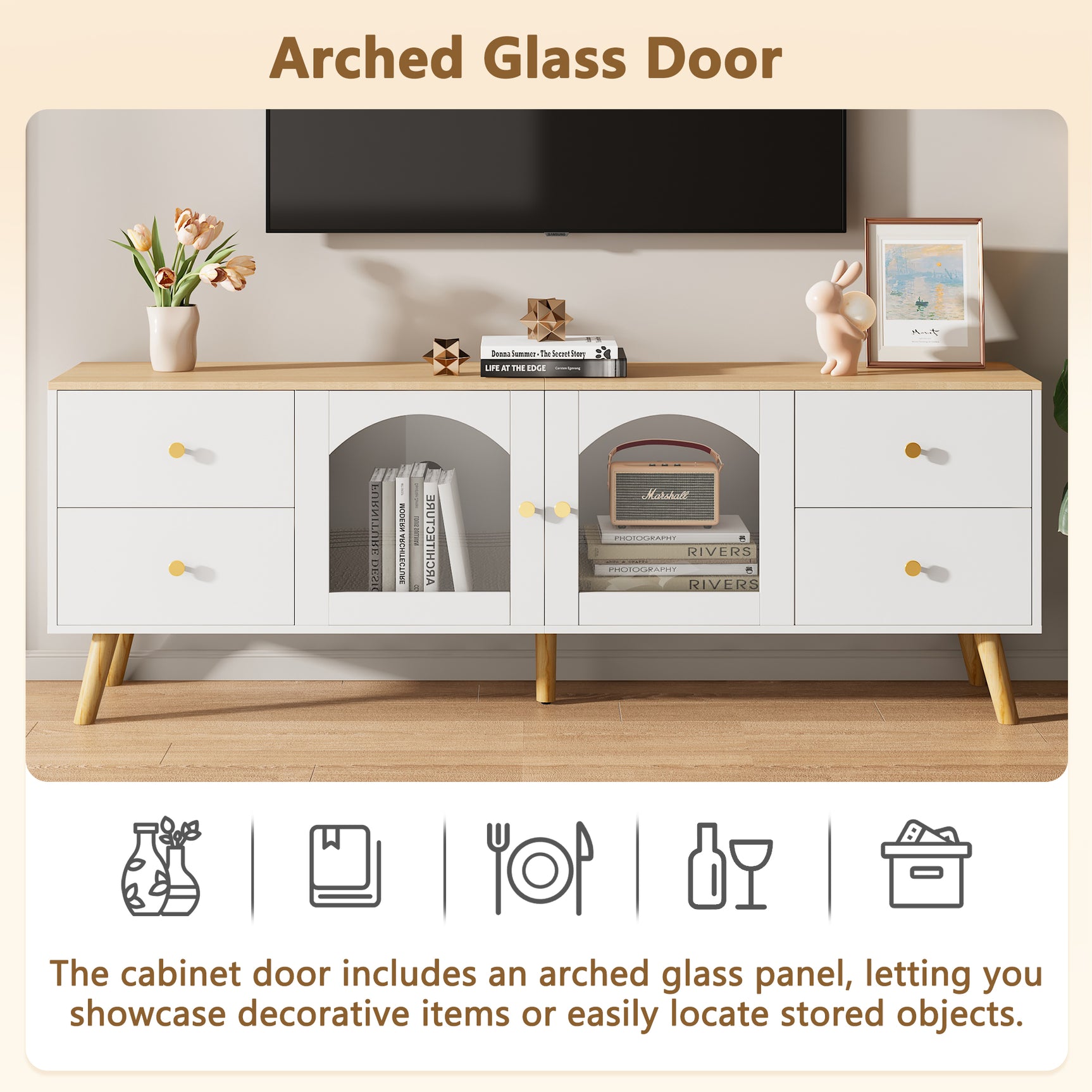 Meuble TV avec 4 tiroirs et 2 portes vitrées en verre trempé, design moderne blanc et bois naturel