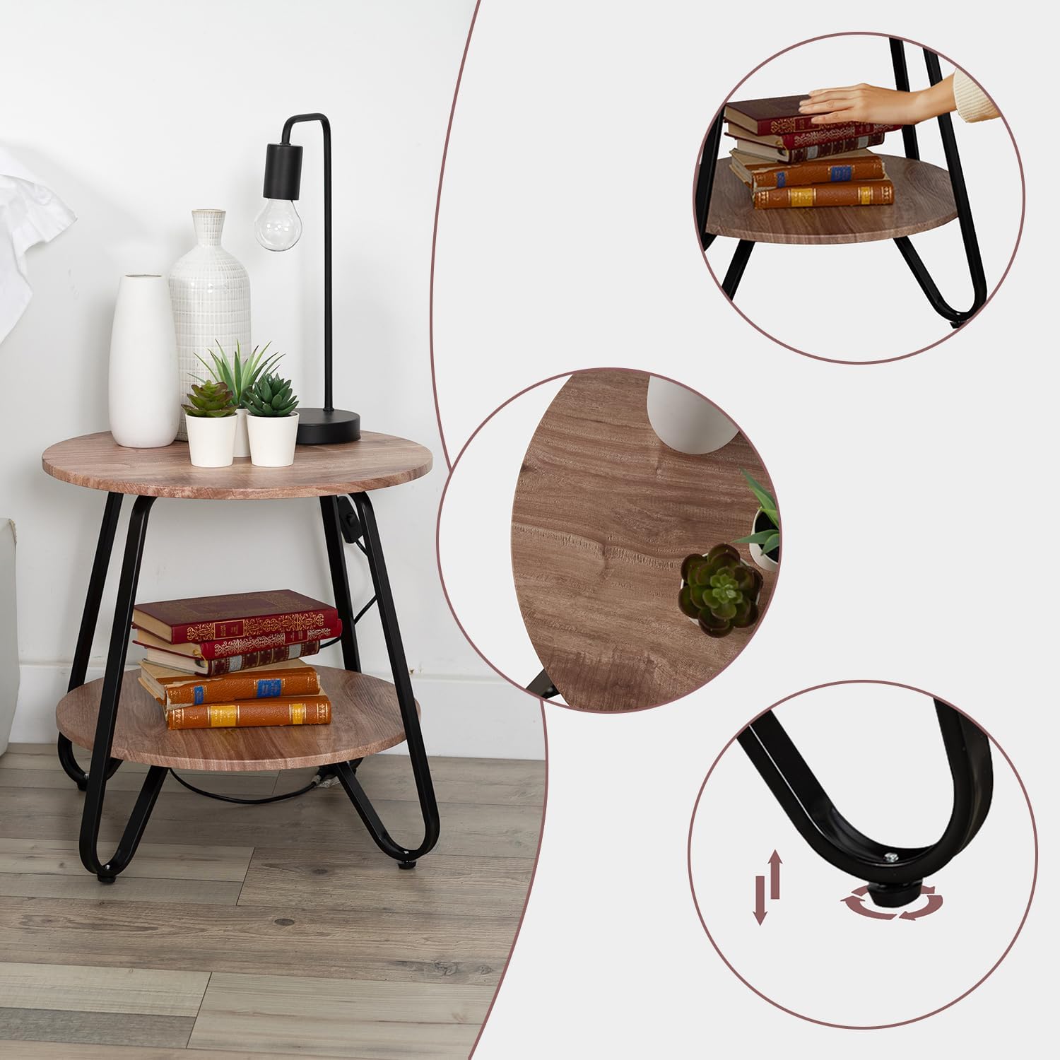 Tavolo extra rotondo con 2 livelli di stile industriale in Oak Imitation nero e legno - Konya Tarrant