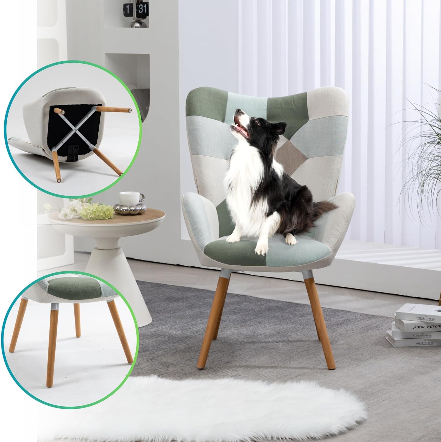 Sillón escandinavo con reposabrazos en tela de mosaico Aqua con costuras - Funkel