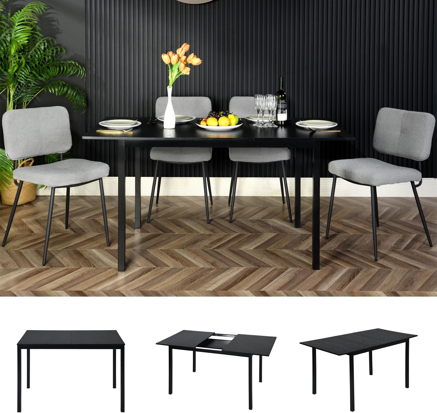 Extendable industrial dining table for 4 to 6 people in black MDF wood - bari