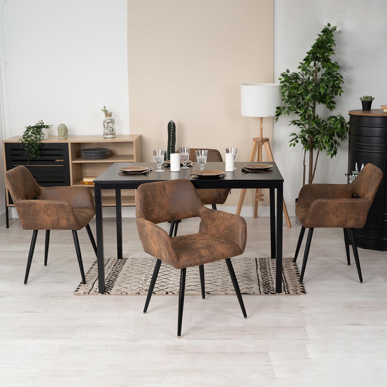 Conjunto de 4 sillones de comedor industriales con reposabrazos de ante - CROMWELL