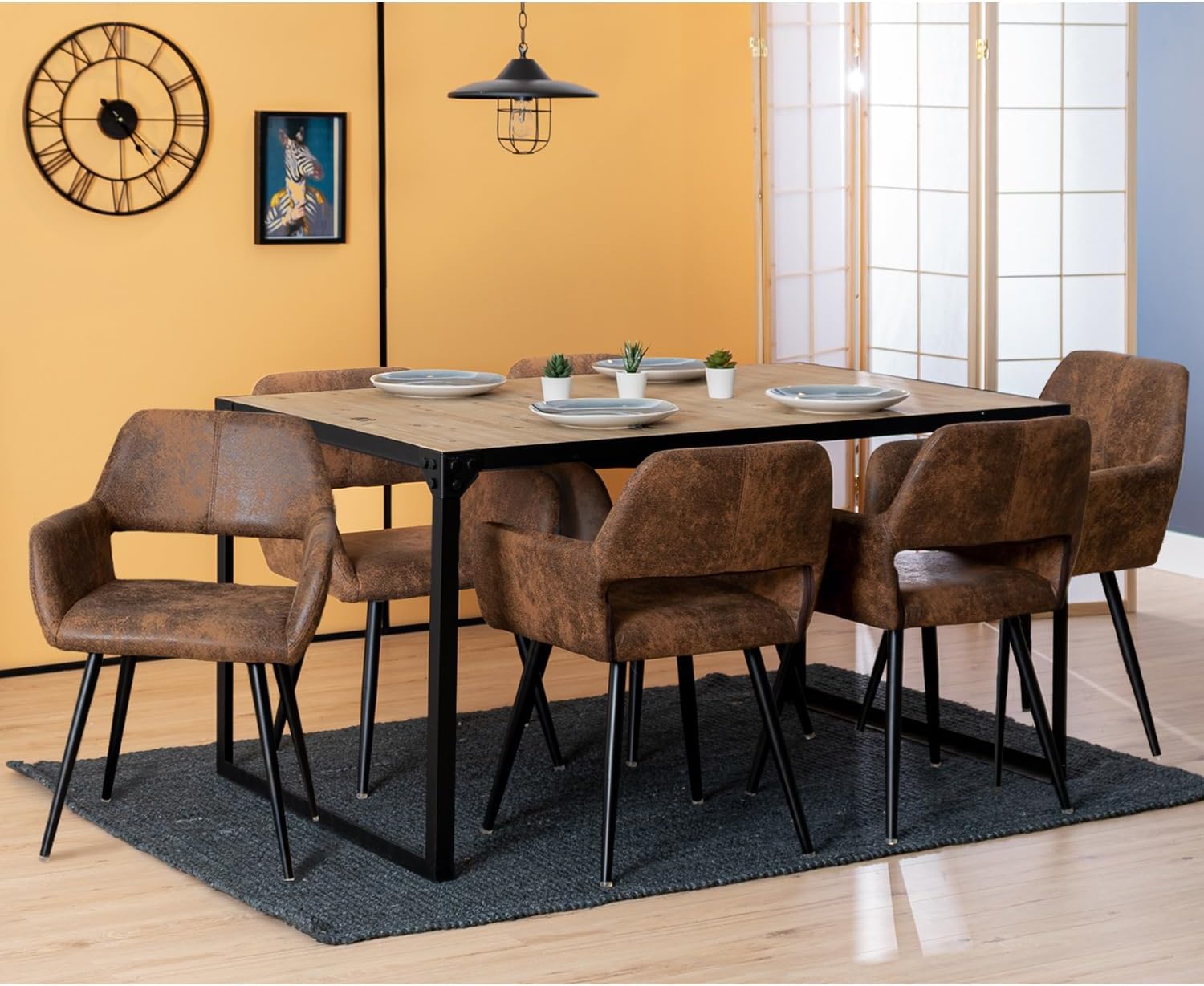 Conjunto de 6 sillones de comedor industriales con reposabrazos de ante - CROMWELL