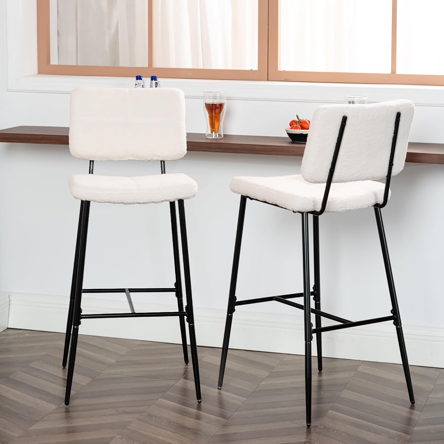 Set of 2 Scandinavian bar stools with back in beige dumpling sheepskin fabric - POMONA BAR