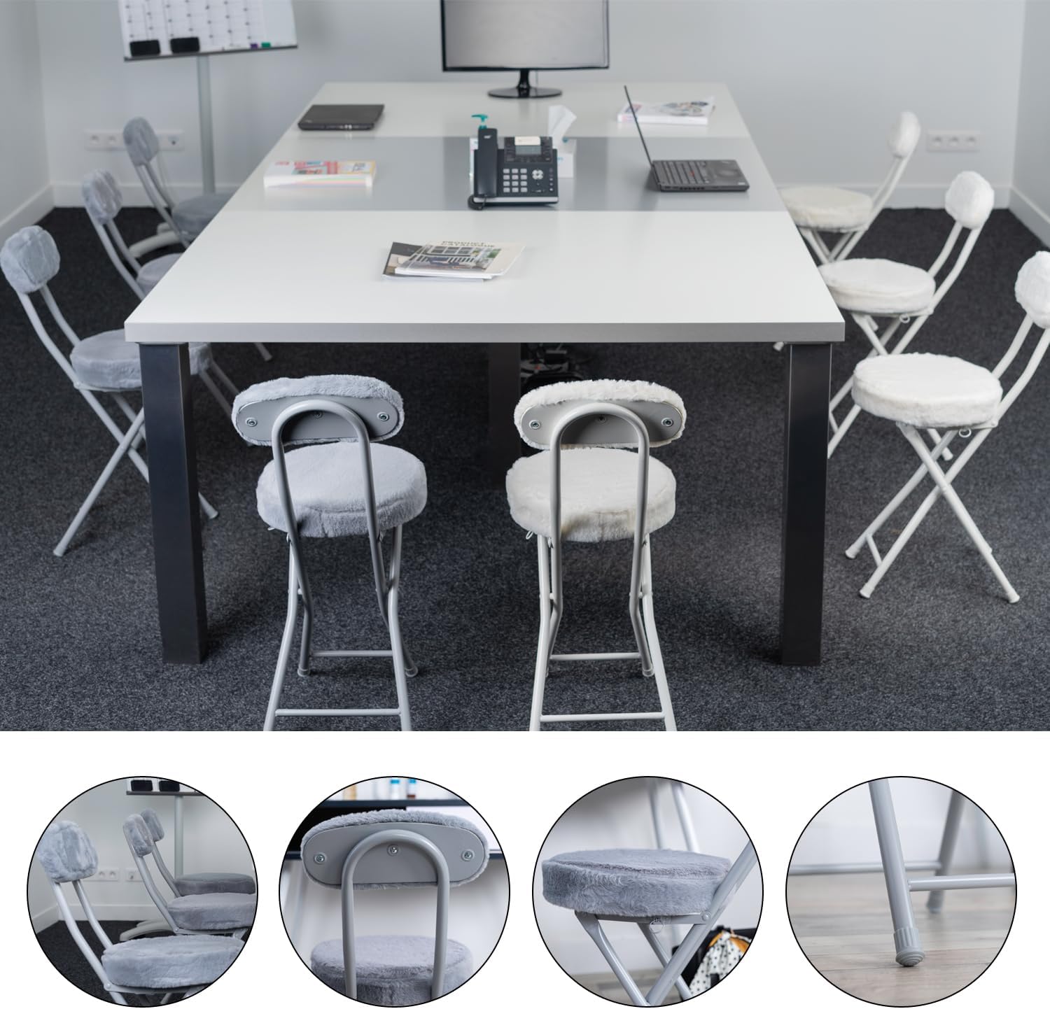 Set of 4 folding chairs/stools, round cushion in gray fur-effect fabric, with backrest and footrest - ERNST PLUSH GRAY