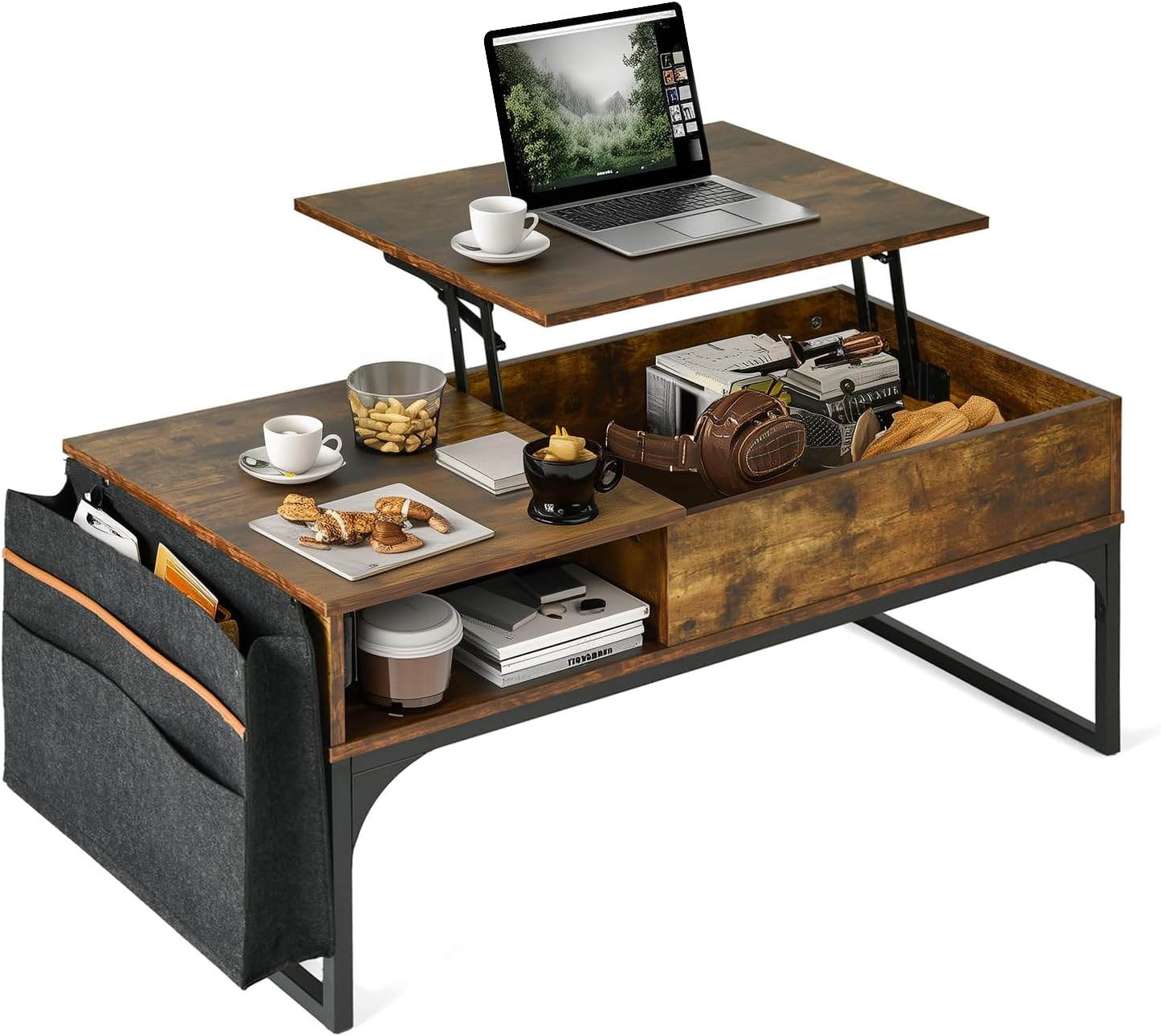 Table basse relevable style industriel avec rangement caché, plateau élévateur et pochette latérale, bois vintage et métal noir - ZOLA