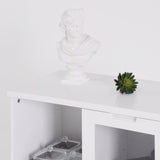 Buffet en MDF laqué blanc 65x30x100 cm avec portes vitrées, tiroir et espaces de rangement ouverts, idéal pour salon, chambre ou entrée