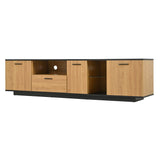 Meuble TV avec tiroir, 3 portes, 2 niches en verre et éclairage LED, noir et bois naturel