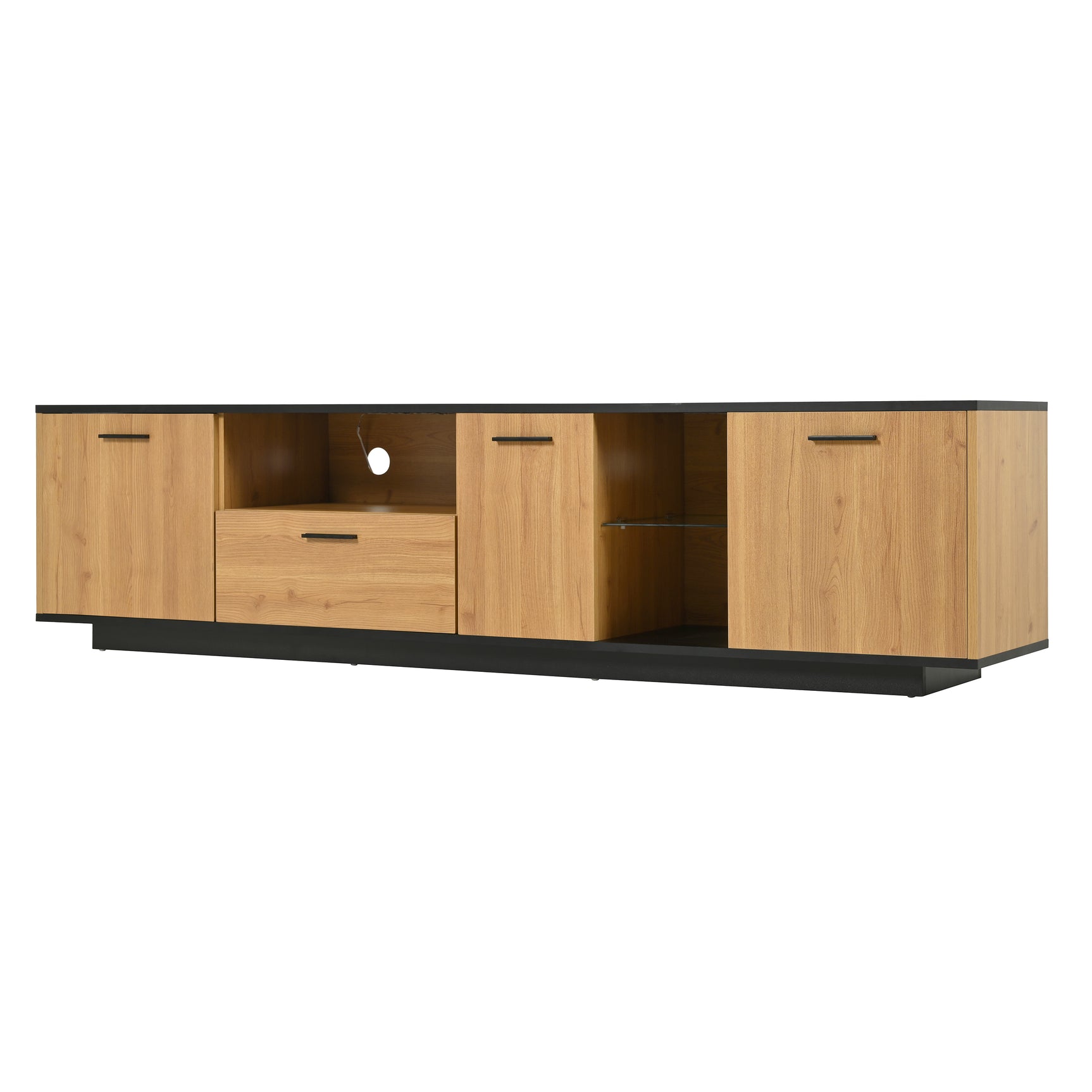 Meuble TV avec tiroir, 3 portes, 2 niches en verre et éclairage LED, noir et bois naturel