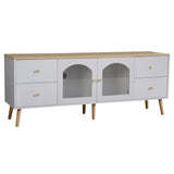 Meuble TV avec 4 tiroirs et 2 portes vitrées en verre trempé, design moderne blanc et bois naturel
