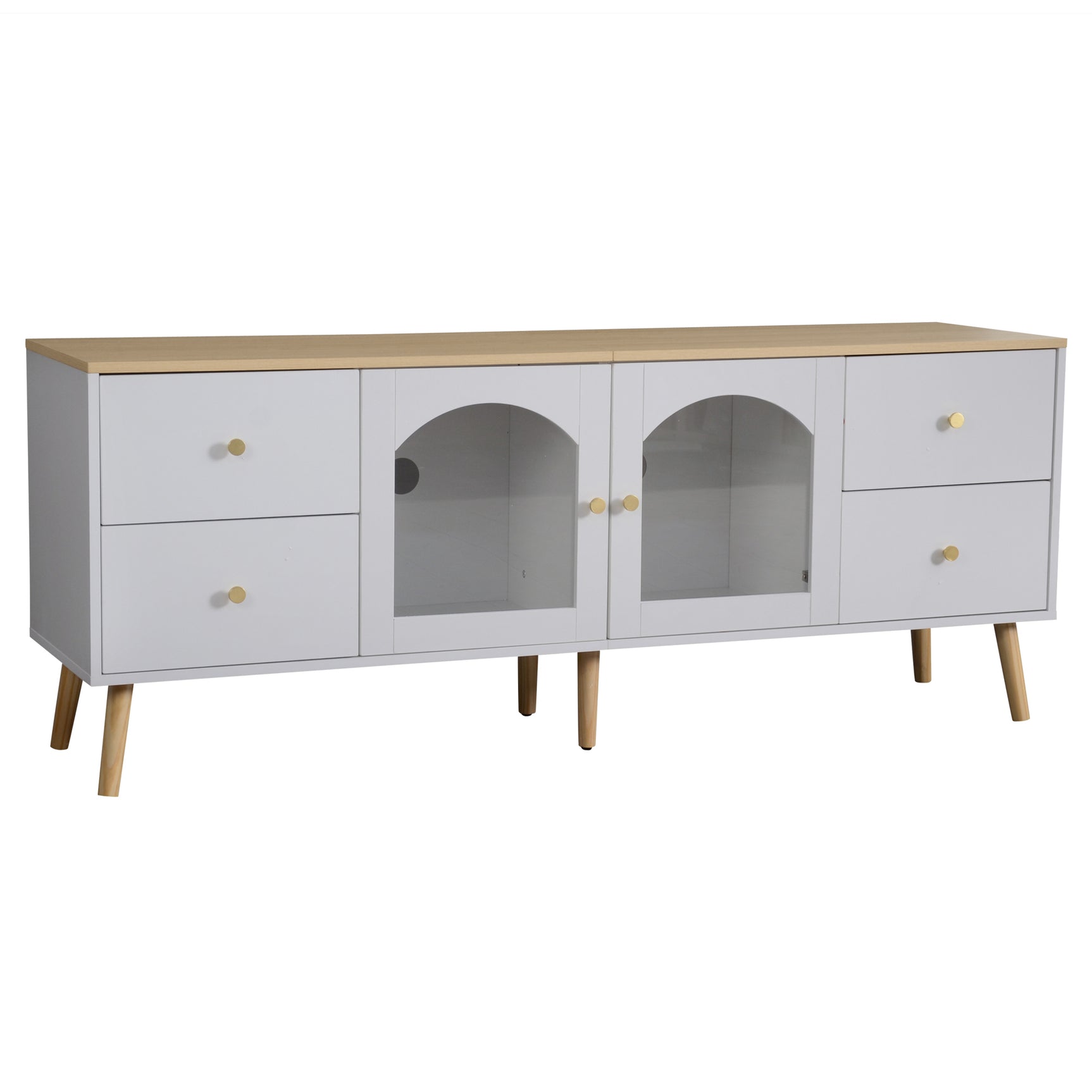 Meuble TV avec 4 tiroirs et 2 portes vitrées en verre trempé, design moderne blanc et bois naturel