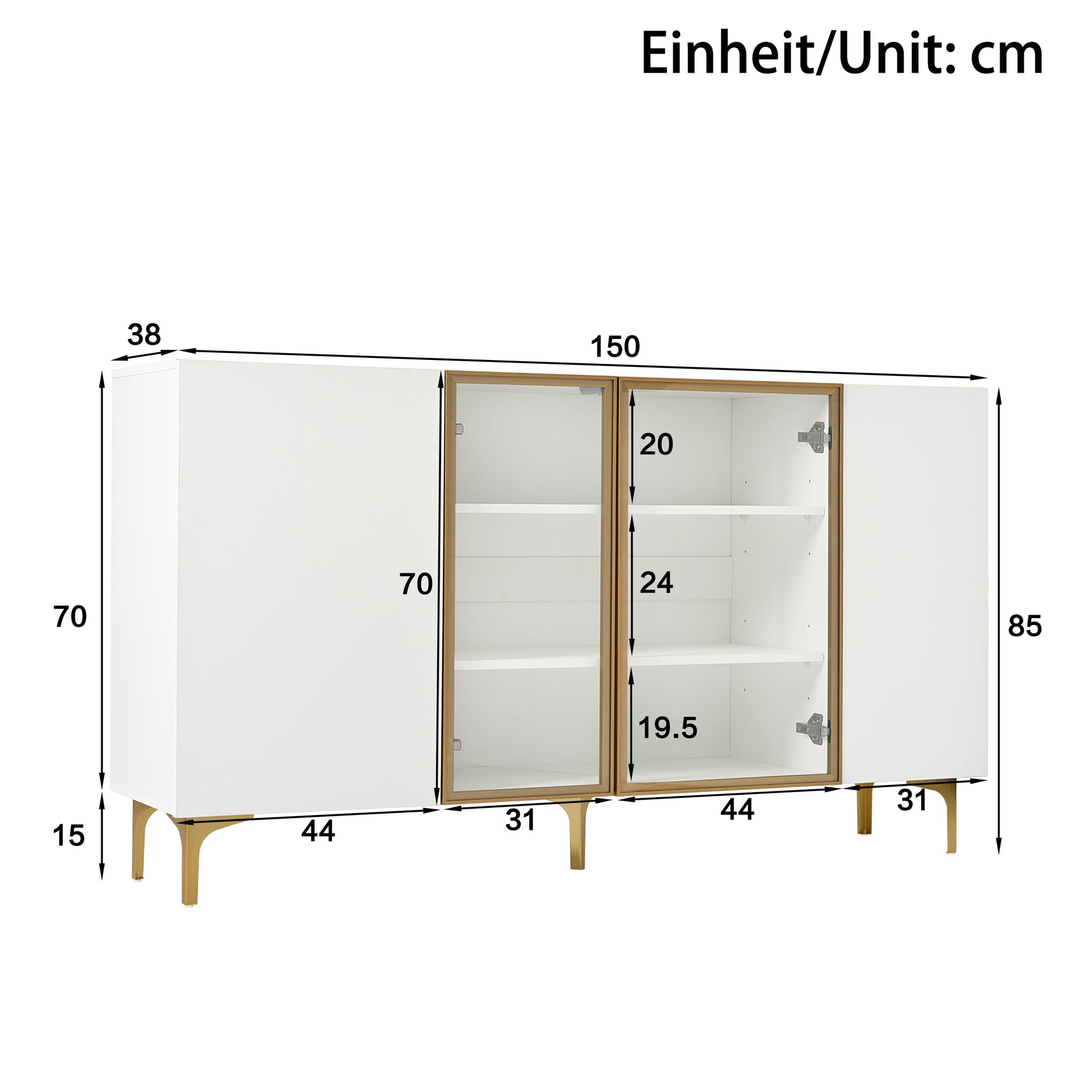 Buffet moderne 4 portes blanc avec verre trempé et pieds en métal doré, design minimaliste avec grand espace de rangement