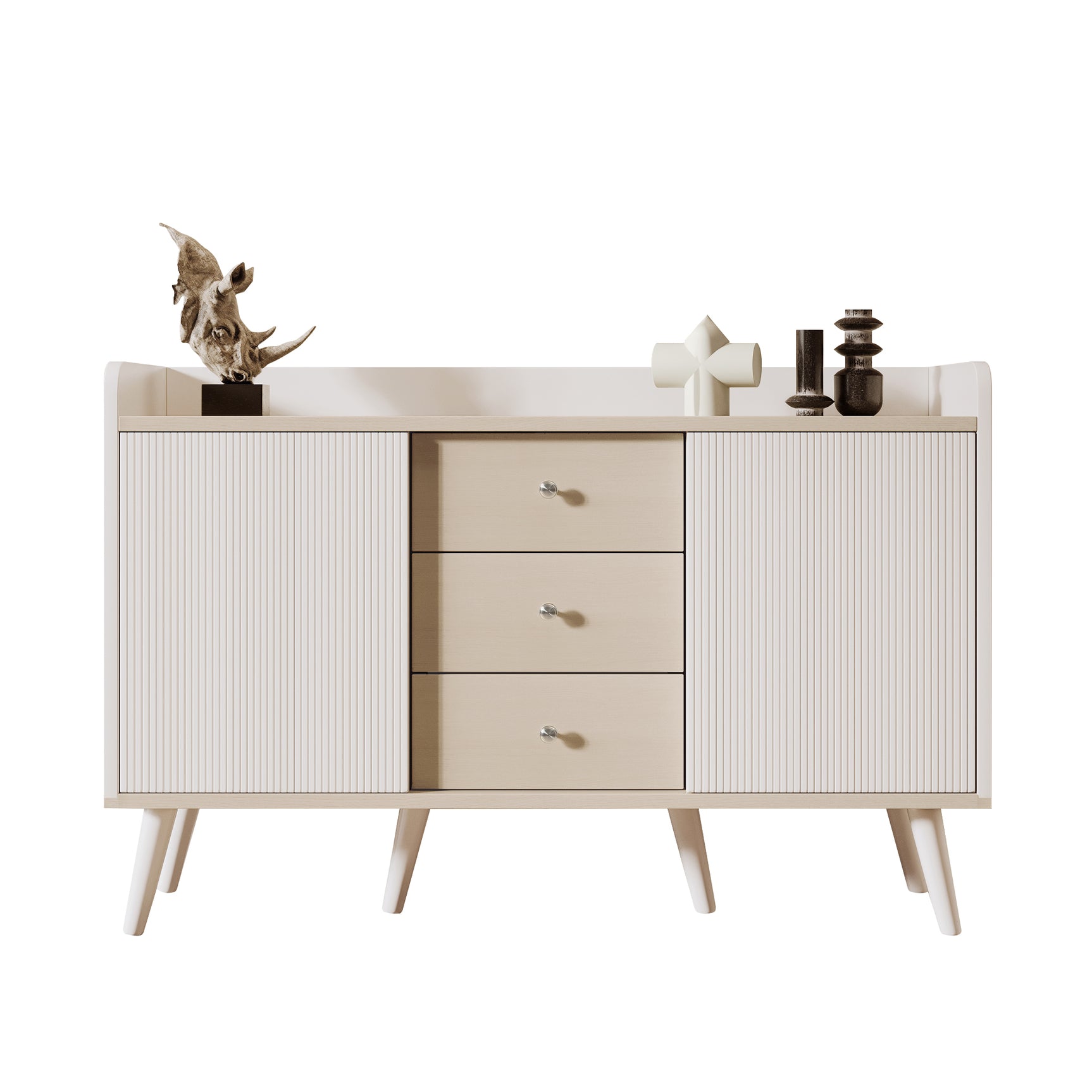 Modern white and wood buffet with 3 drawers and sliding doors with slats