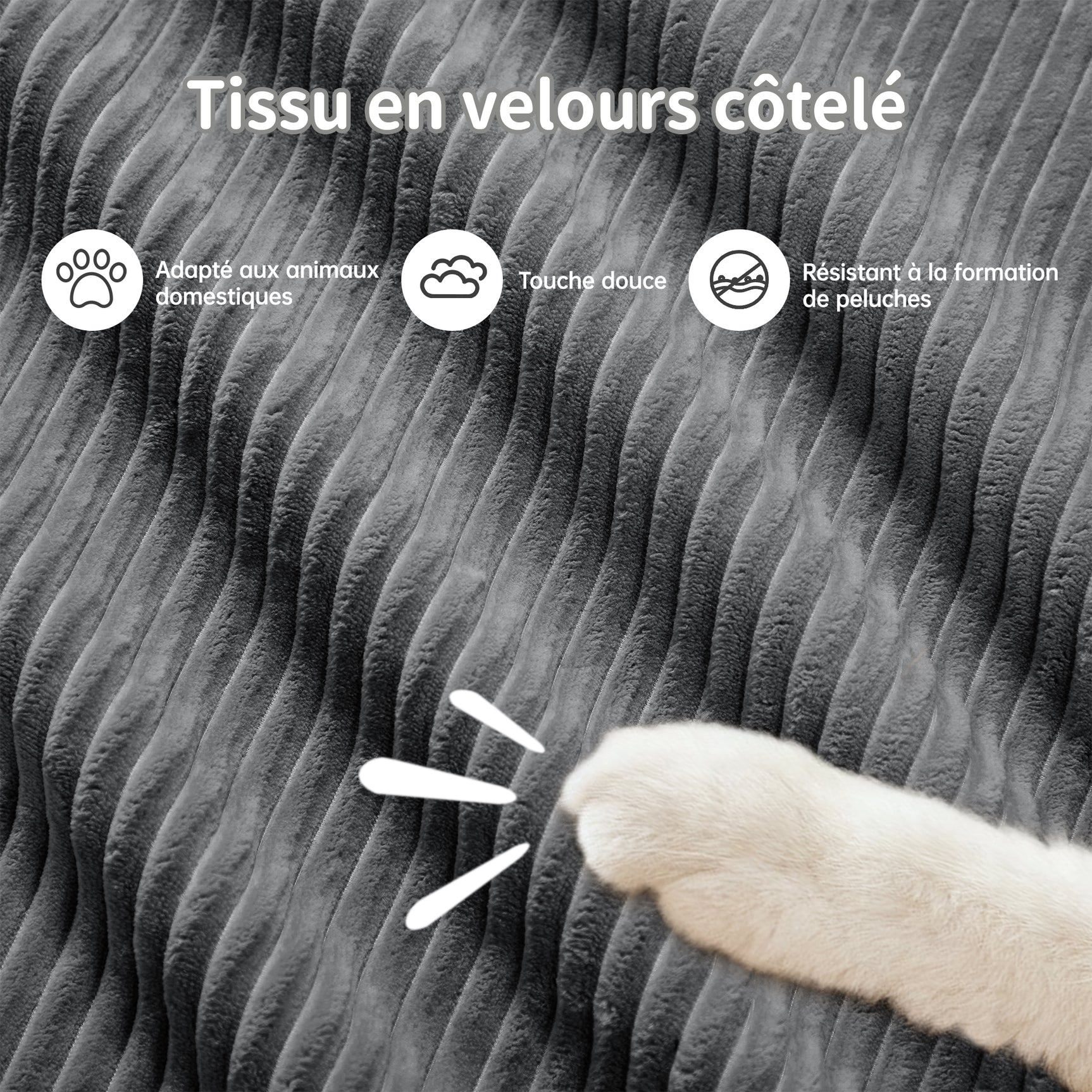 Ensemble de canapés avec accoudoirs incurvés et base antidérapante en tissu velours côtelé doux pour le salon, gris, siège 2 + tabouret 2
