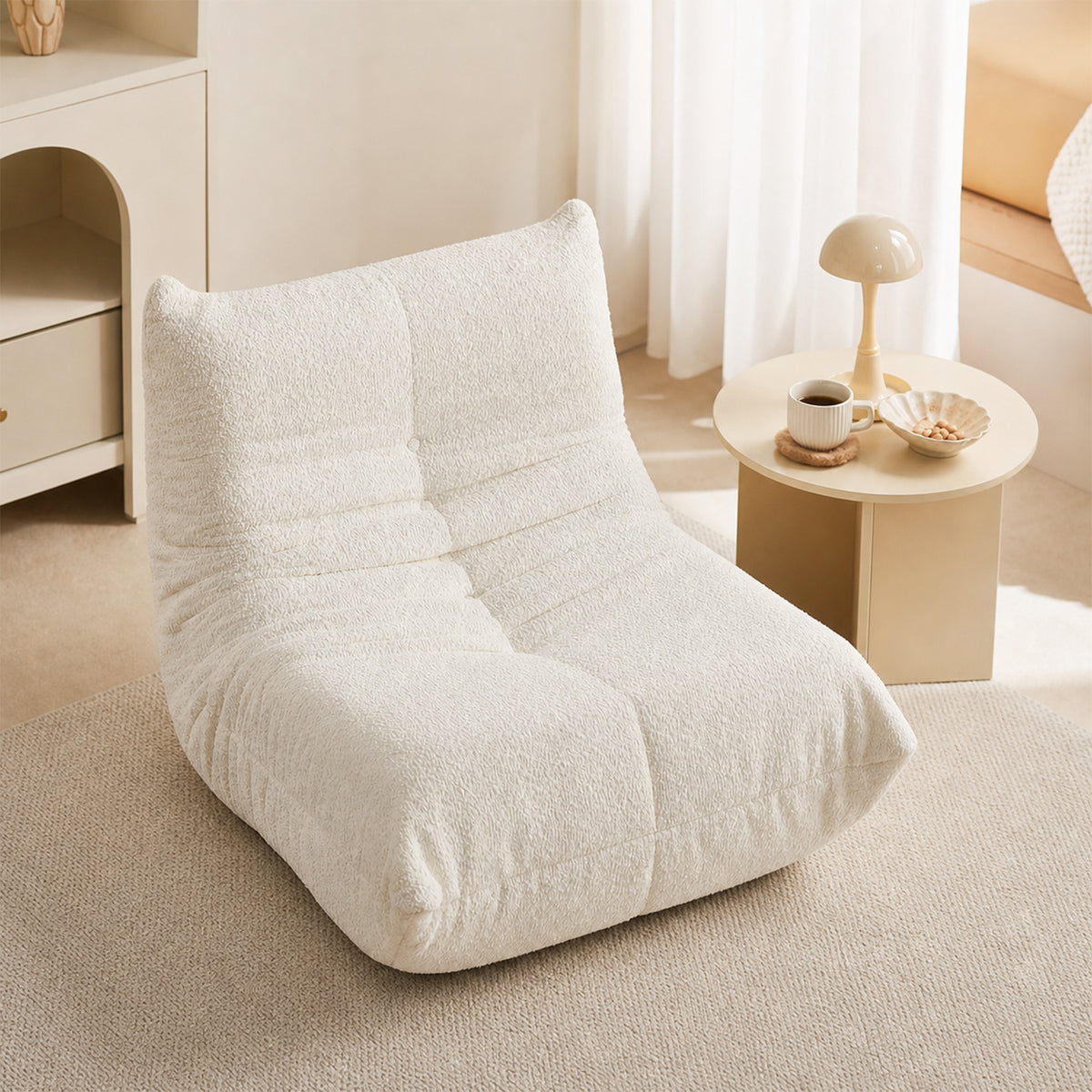 Fauteuil style Togo beige chenille, fauteuil de sol sans cadre ergonomique