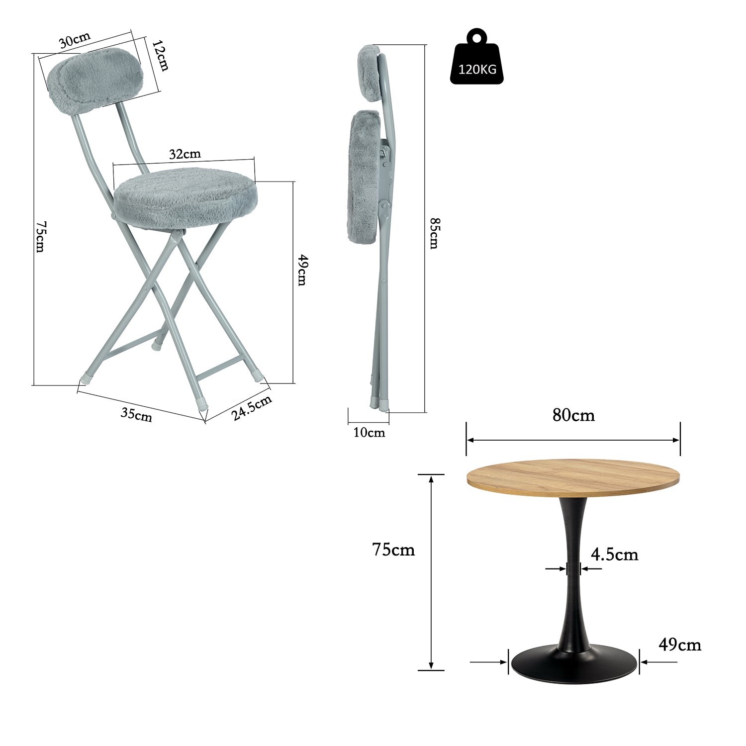 Ensemble de salle à manger de style scandinave comprenant une table ronde en chêne et quatre chaises pliantes grises