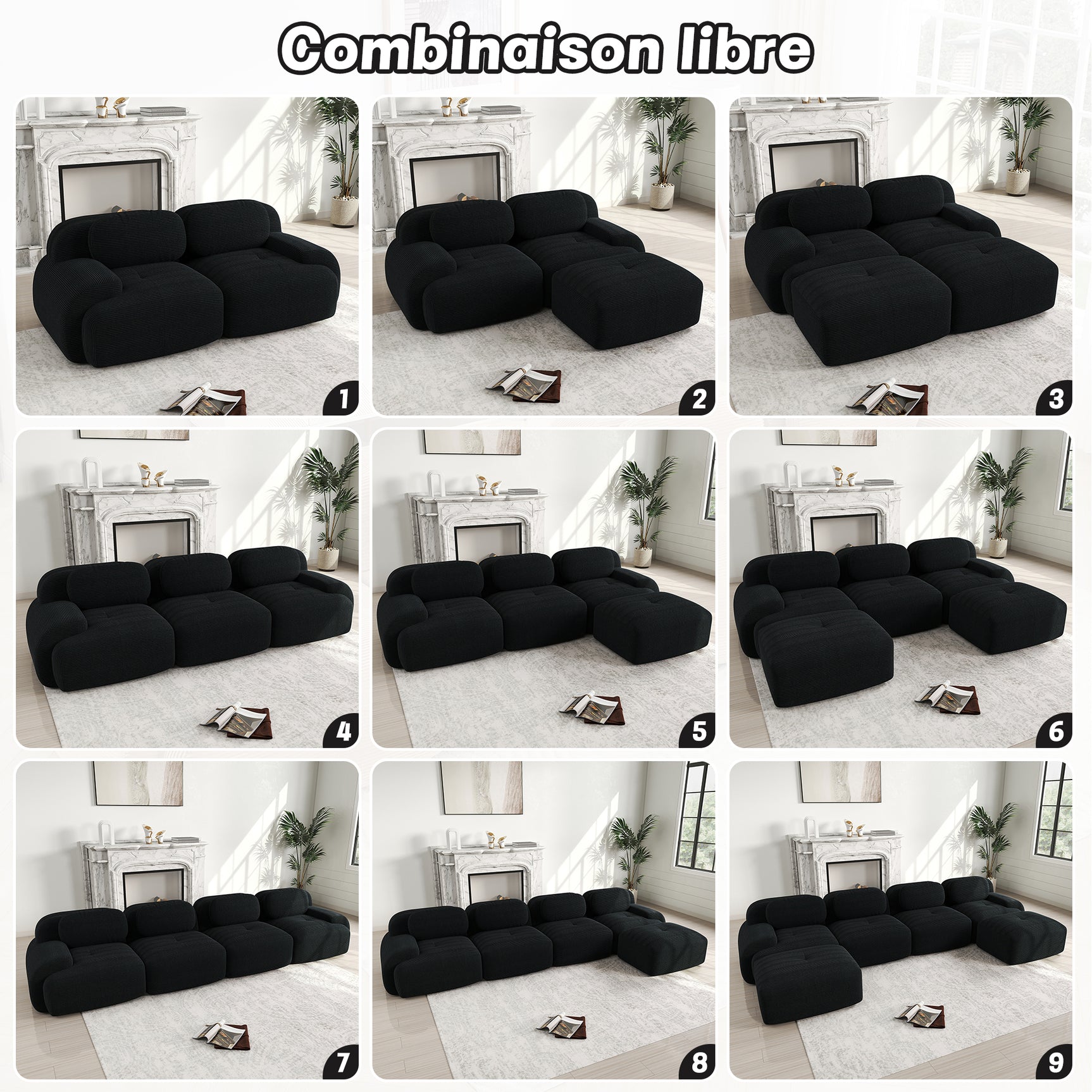 Ensemble de canapés avec accoudoirs incurvés et base antidérapante en tissu velours côtelé doux pour le salon, noir, siège 3 + tabouret 2