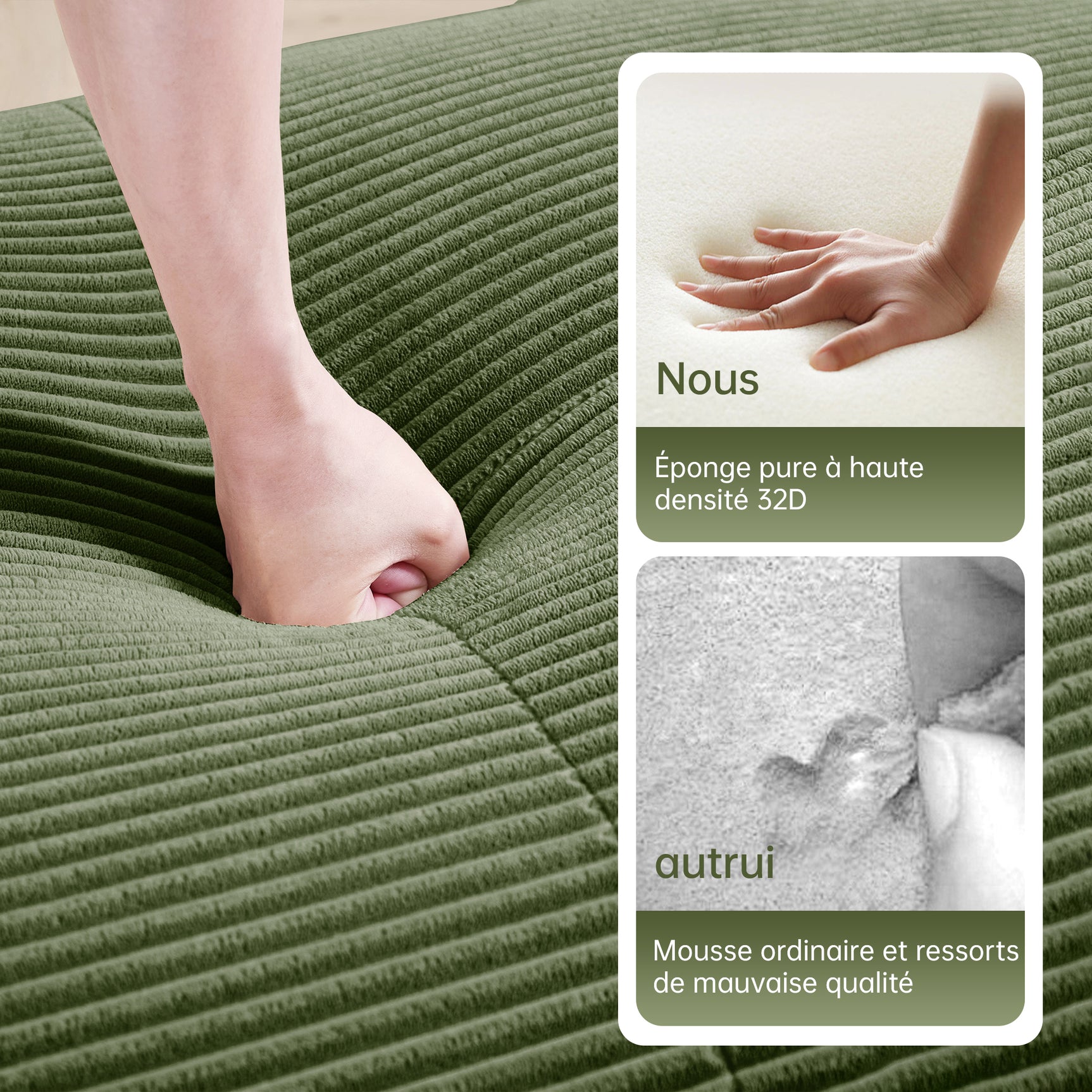 Ensemble de canapés avec accoudoirs incurvés et base antidérapante en tissu velours côtelé doux pour le salon, vert, siège 3 + tabouret 1