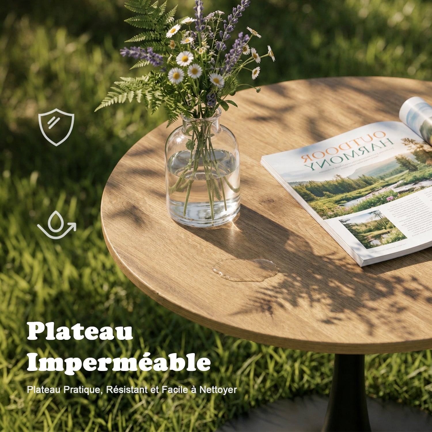 Ensemble de salle à manger de style scandinave comprenant une table ronde en chêne et quatre chaises pliantes grises