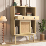 Modernes Holzbuffet mit hohem hochstilem Stil mit natürlichen Rattan -Türen, 2 Schubladen und 2 offenen Nischen - 80x39.5x120 cm