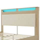 Lit double 160x200 cm en bois avec sommier, tête de lit avec LED intégrées, dossier rembourré en tissu côtelé beige et espace de rangement pratique (matelas non inclus)