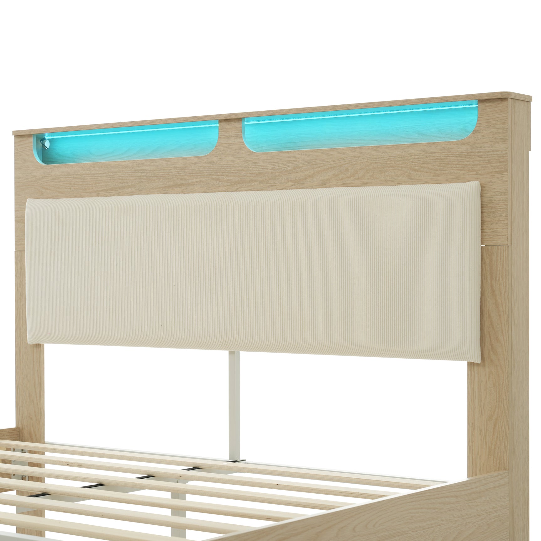 Lit double 160x200 cm en bois avec sommier, tête de lit avec LED intégrées, dossier rembourré en tissu côtelé beige et espace de rangement pratique (matelas non inclus)
