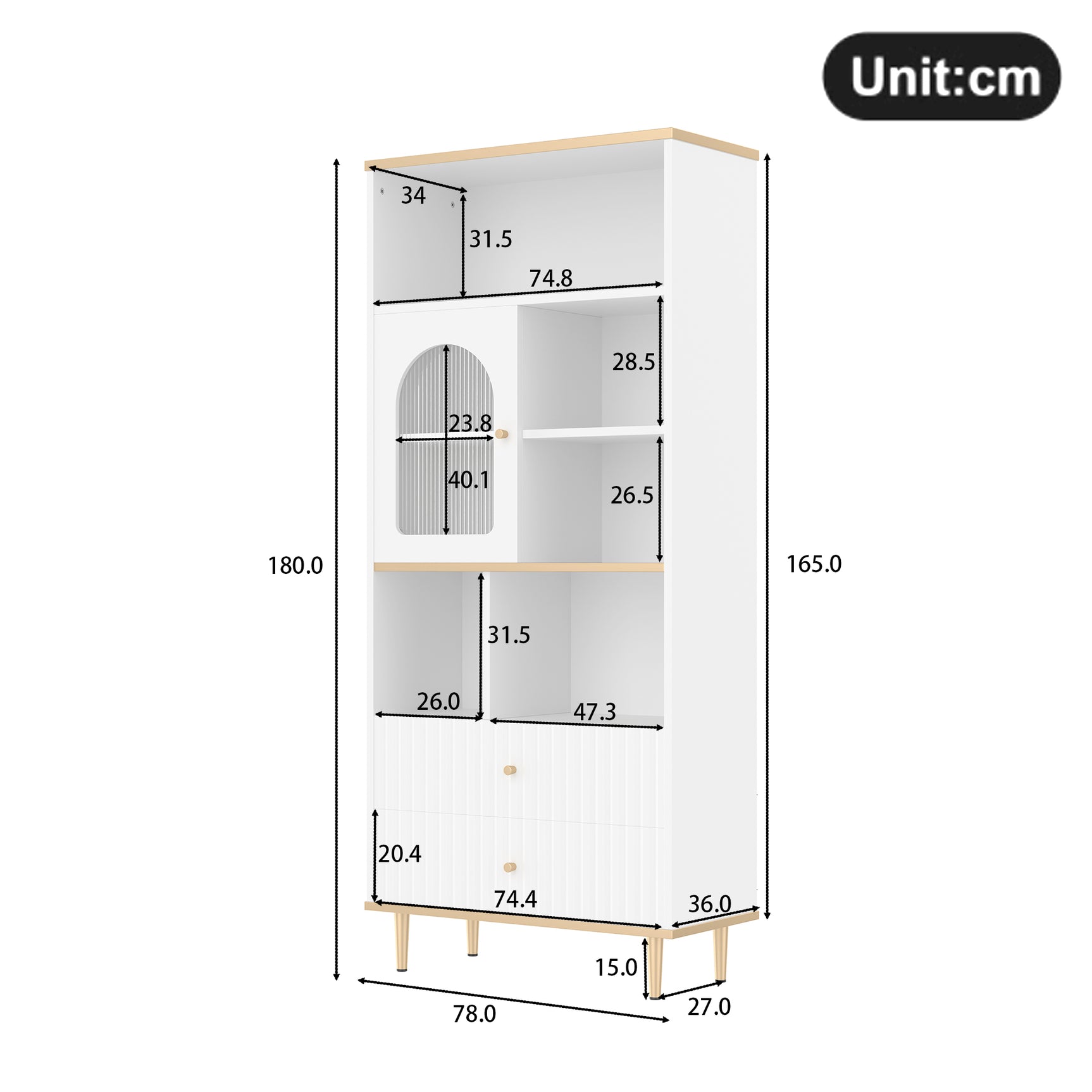 Bibliothèque multifonctionnelle blanche avec LED et portes vitrées – 78×36×180 cm