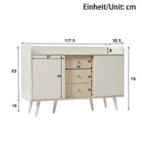 Modern white and wood buffet with 3 drawers and sliding doors with slats