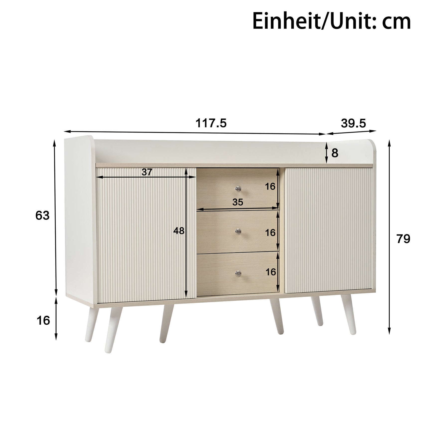 Modern white and wood buffet with 3 drawers and sliding doors with slats