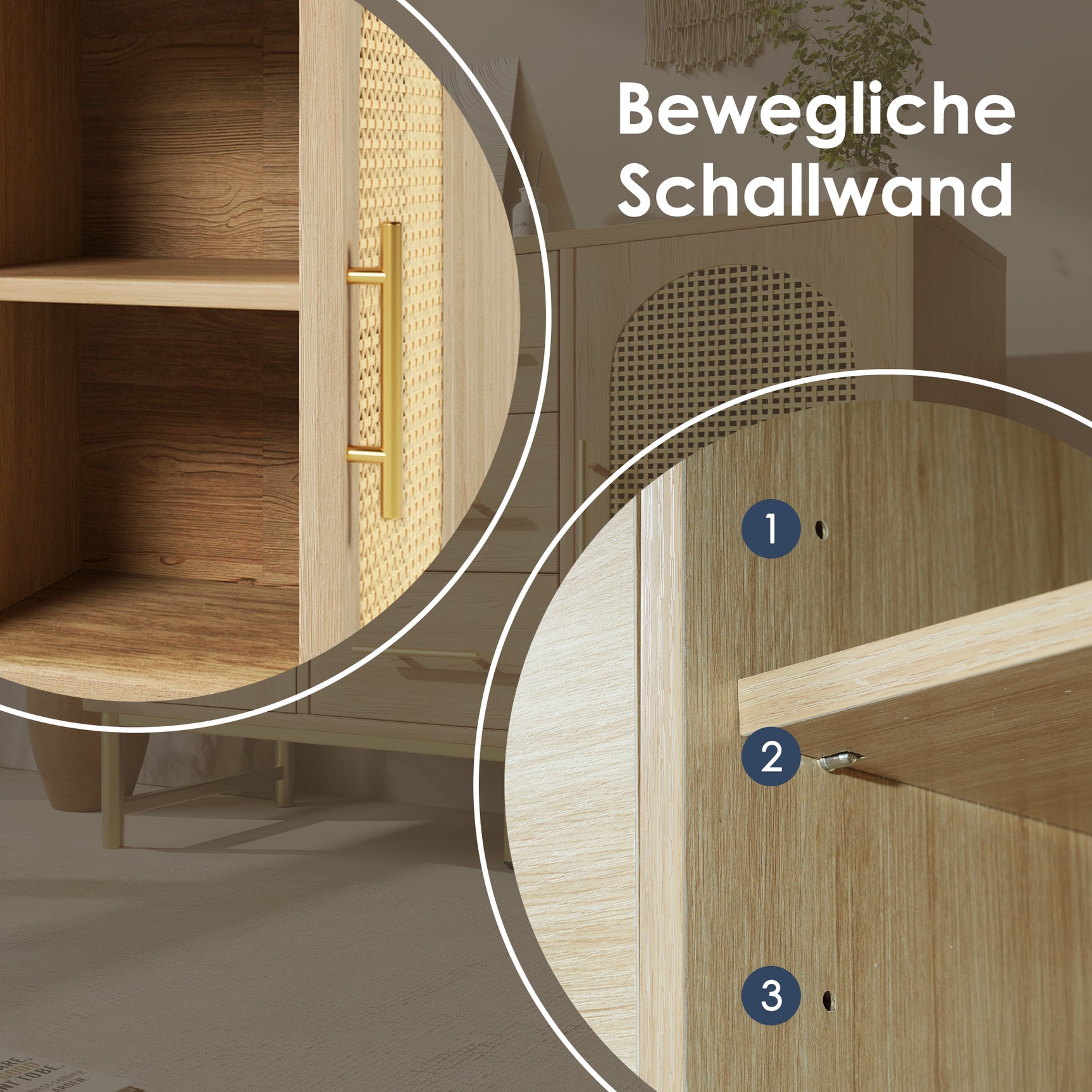 Eichen-Caning-Buffet mit 3 Schubladen, 2 Türen, einstellbaren Regalen und Anti-Breeching-Geräte-120 × 40 × 74 cm