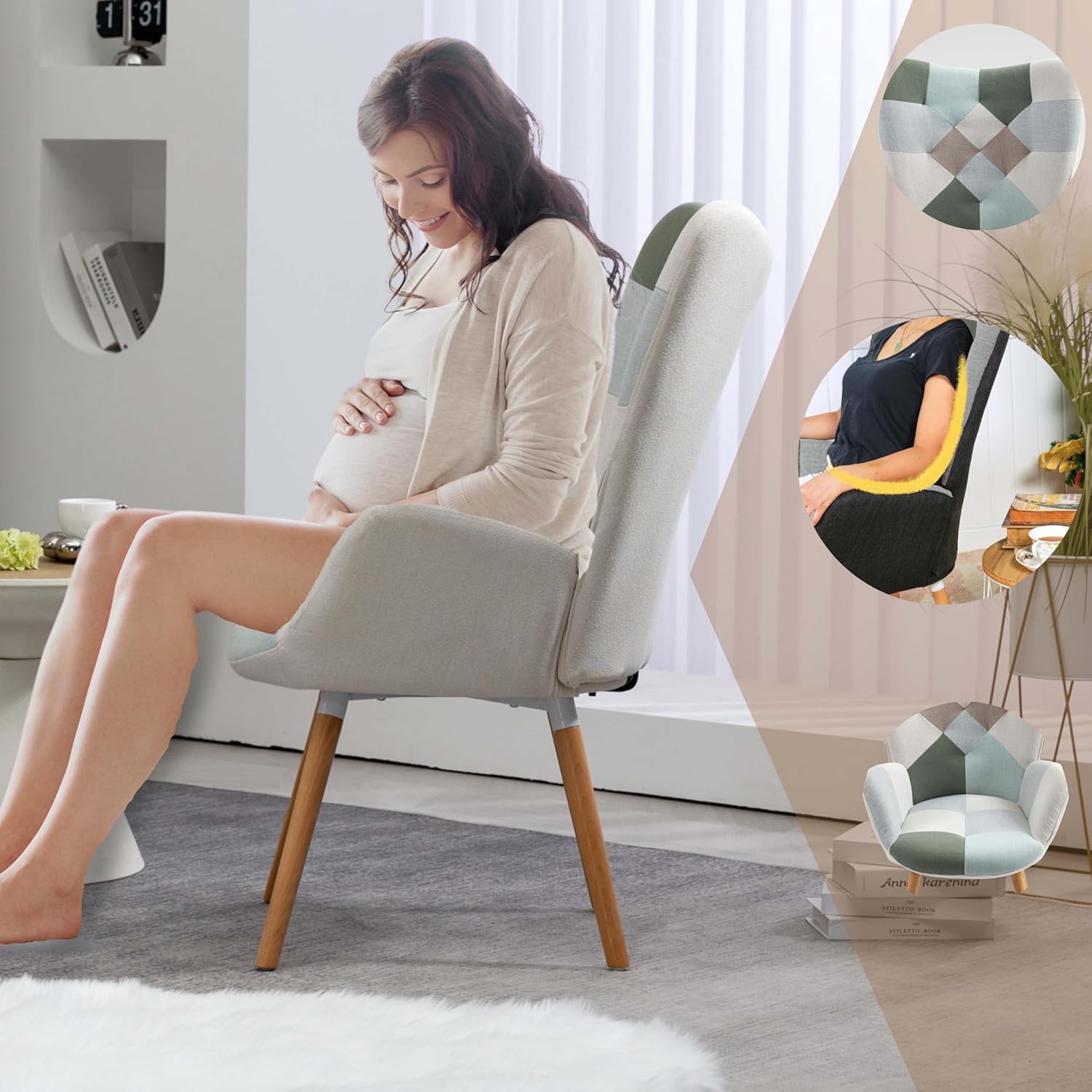 Sillón escandinavo con reposabrazos en tela de mosaico Aqua con costuras - Funkel