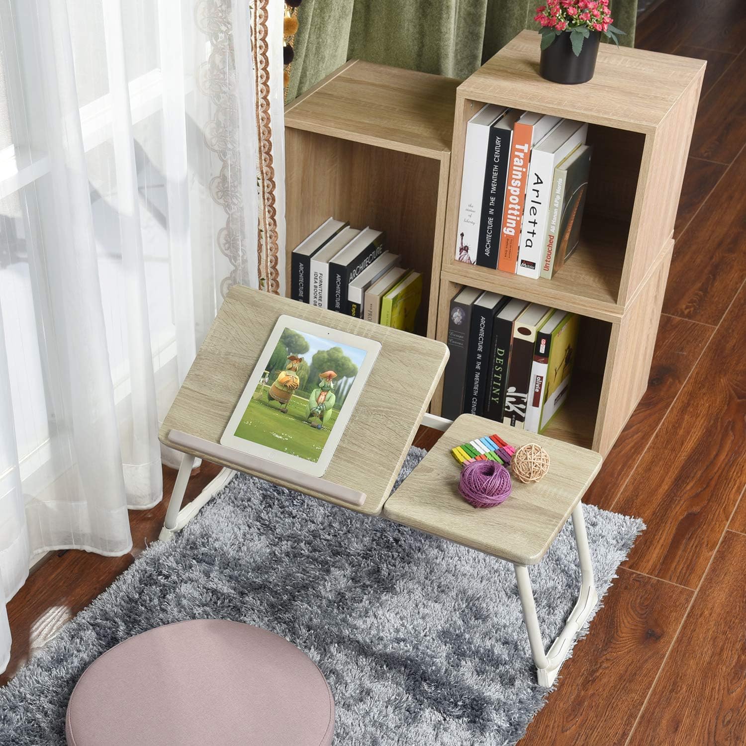 Table de lit/Support ordinateur pc pliable en bois et métal blanc - MAMIE