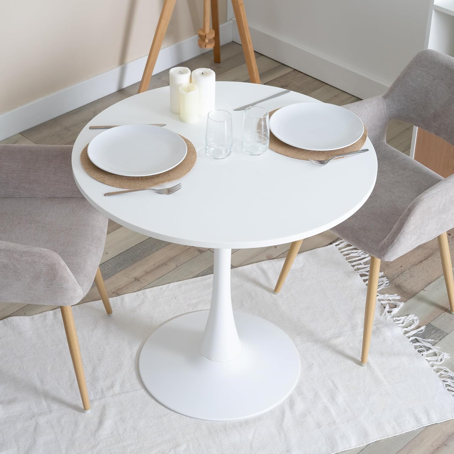 Table salle à manger ronde scandinave 2-4 personnes en bois et métal blanc - CLIFT