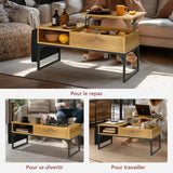 Table basse relevable style industriel avec rangement caché, plateau élévateur et pochette latérale, bois de chêne et métal noir - ZOLA