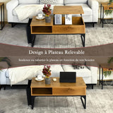 Table basse relevable style industriel avec rangement caché, plateau élévateur et pochette latérale, bois de chêne et métal noir - ZOLA