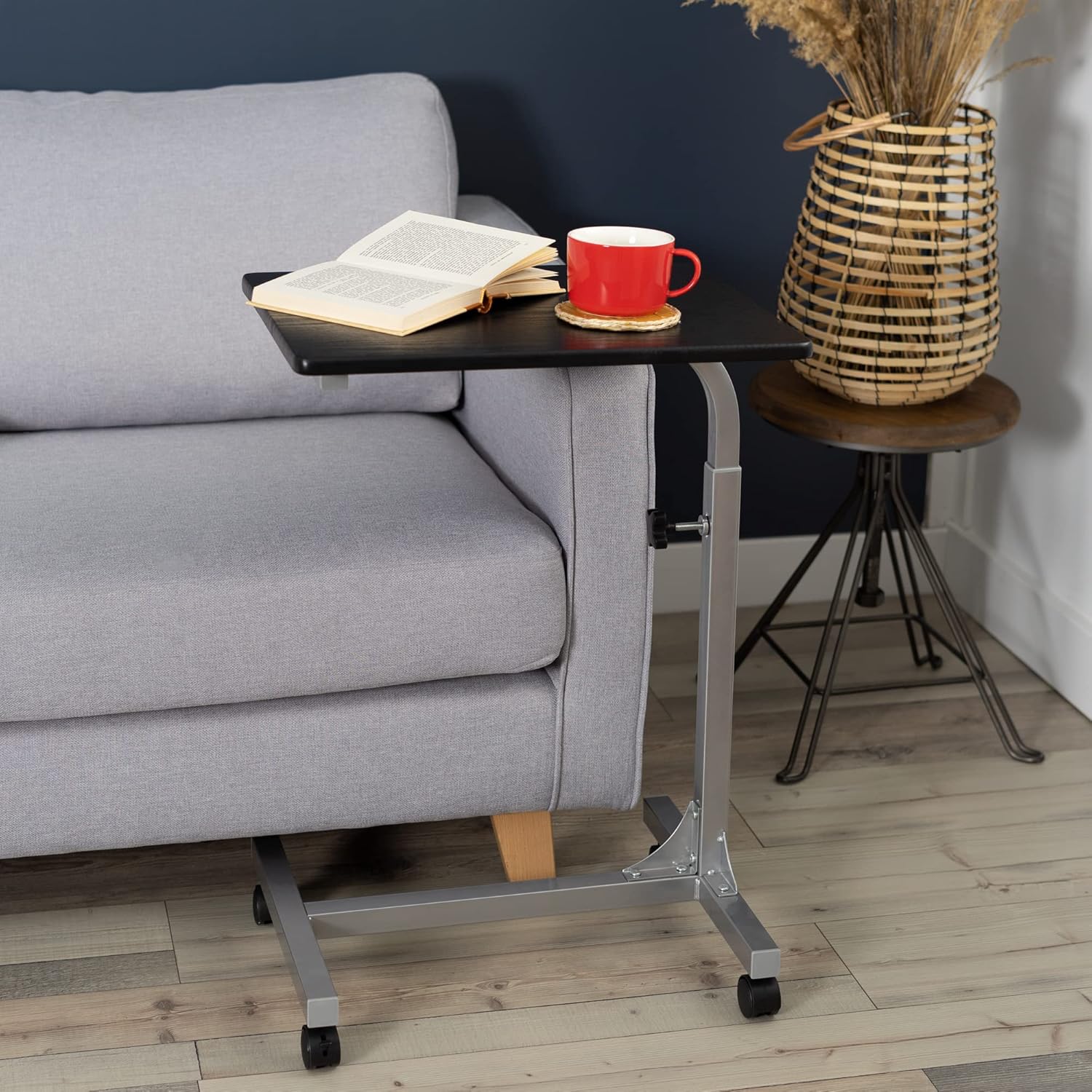 Mesa de noche giratoria/soporte ordenador PC, mesa con ruedas, regulable en altura - BELLO BLACK