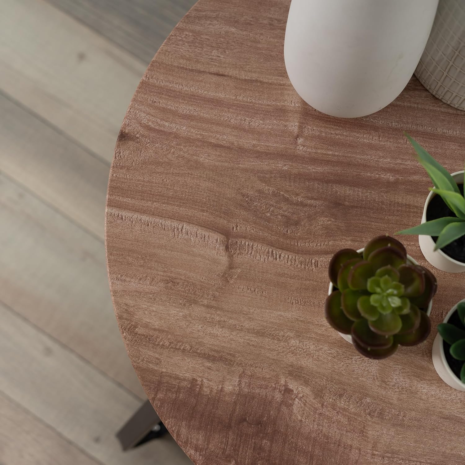 Table d'appoint ronde à 2 niveaux style industriel en métal noir et bois imitation chêne - KONYA TARRANT