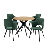 Ensemble table à manger ronde en chêne avec pieds en forme de X et 4 fauteuils en tissu vert de style scandinave pour salle à manger