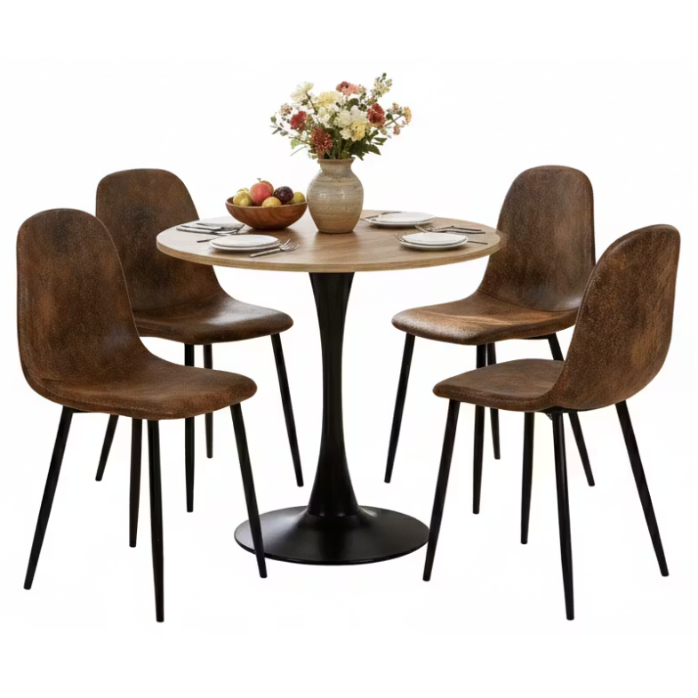 Round Table Table Table Table Timber Ø80 cm with 4 black velvet chairs, modern and comfortable style