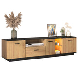 Meuble TV avec tiroir, 3 portes, 2 niches en verre et éclairage LED, noir et bois naturel