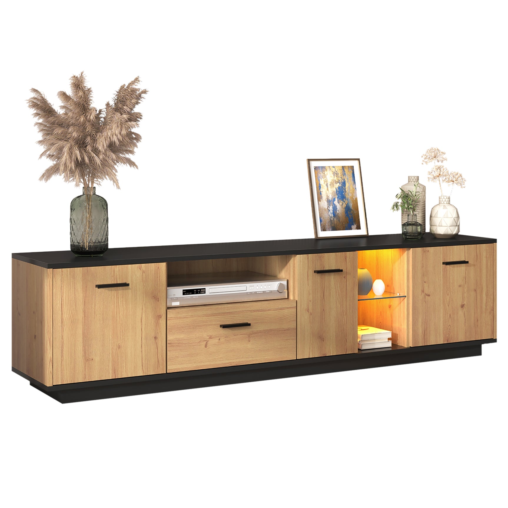 Meuble TV avec tiroir, 3 portes, 2 niches en verre et éclairage LED, noir et bois naturel
