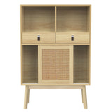 Modernes Holzbuffet mit hohem hochstilem Stil mit natürlichen Rattan -Türen, 2 Schubladen und 2 offenen Nischen - 80x39.5x120 cm