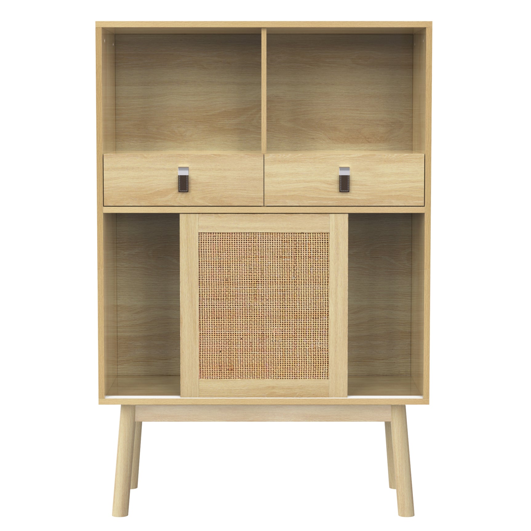 Modernes Holzbuffet mit hohem hochstilem Stil mit natürlichen Rattan -Türen, 2 Schubladen und 2 offenen Nischen - 80x39.5x120 cm