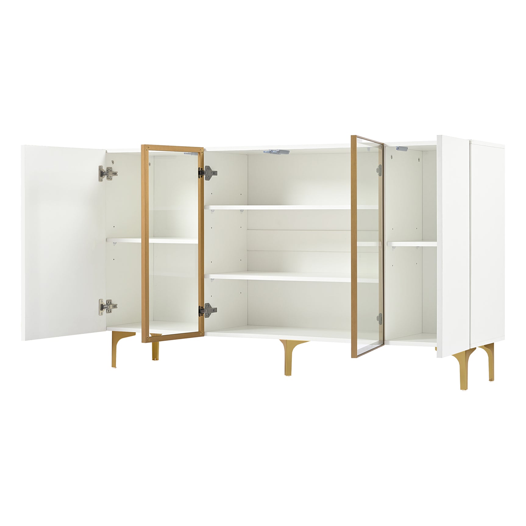 Buffet moderne 4 portes blanc avec verre trempé et pieds en métal doré, design minimaliste avec grand espace de rangement