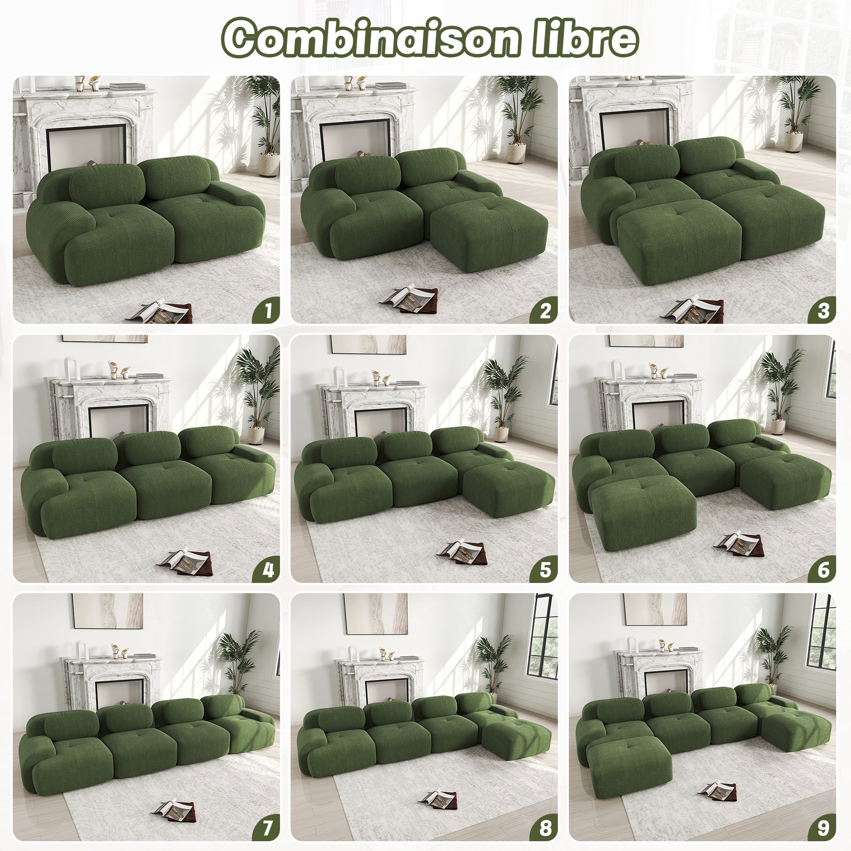 Ensemble de canapés avec accoudoirs incurvés et base antidérapante en tissu velours côtelé doux pour le salon, vert, siège 4