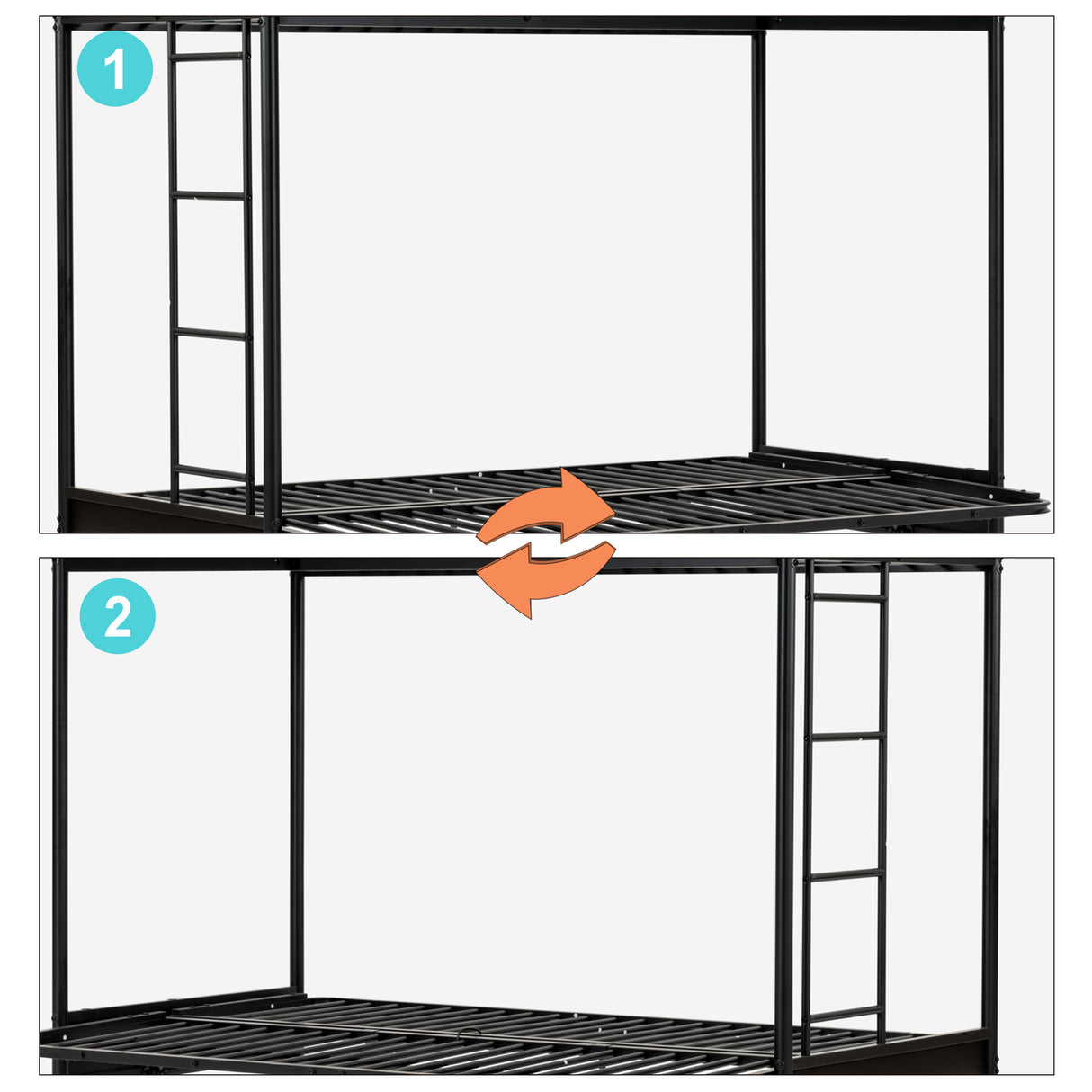Bunk bed 90x190cm with convertible bench sofa and slatted base in black metal (mattress not included) - Liberty